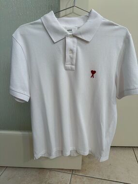 Ami White Polo with Small Red Heart Logo